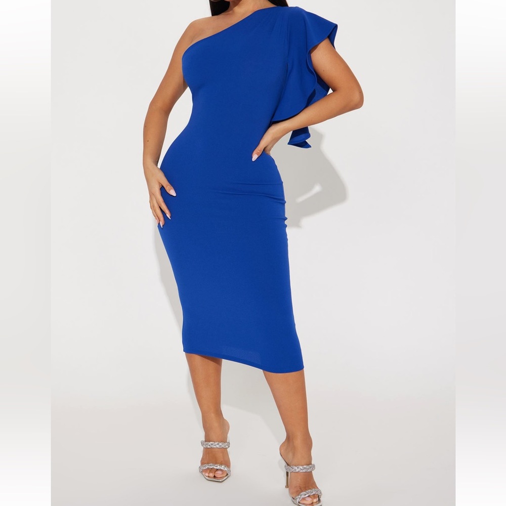 Royal Blue One Sleeve Stretch Midi Dress